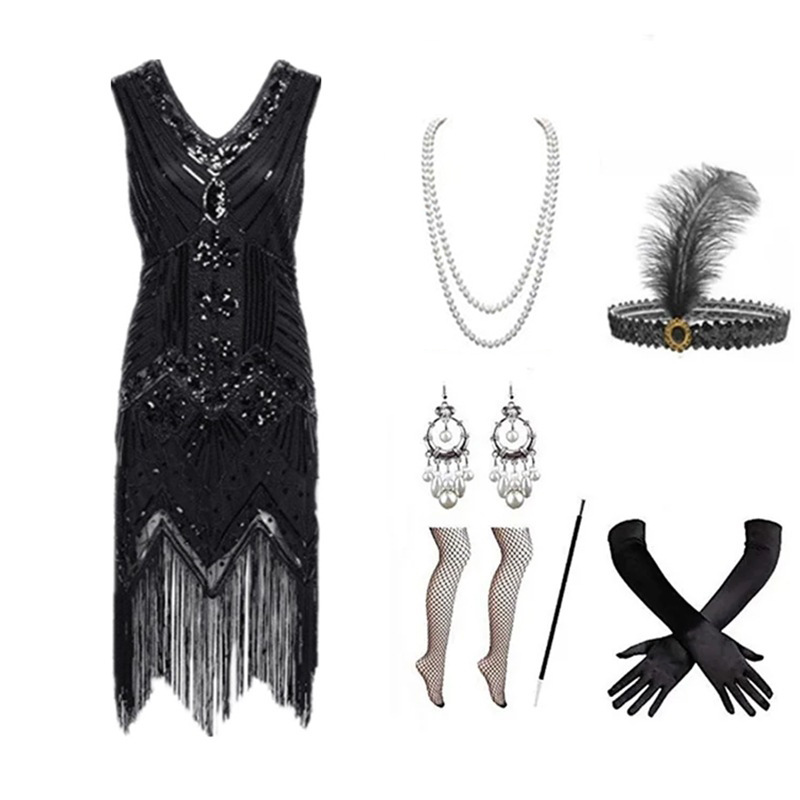 Women 1920s Flapper Dress Set  - Women Accessories Kit 评论和价格