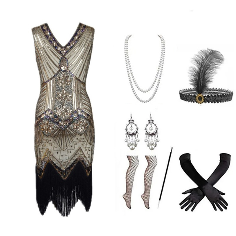 Women 1920s Flapper Dress Set  - Women Accessories Kit 评论和价格