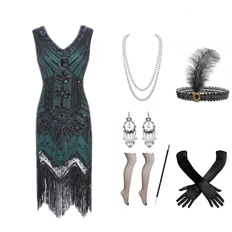 Women 1920s Flapper Dress Set  - Women Accessories Kit 评论和价格