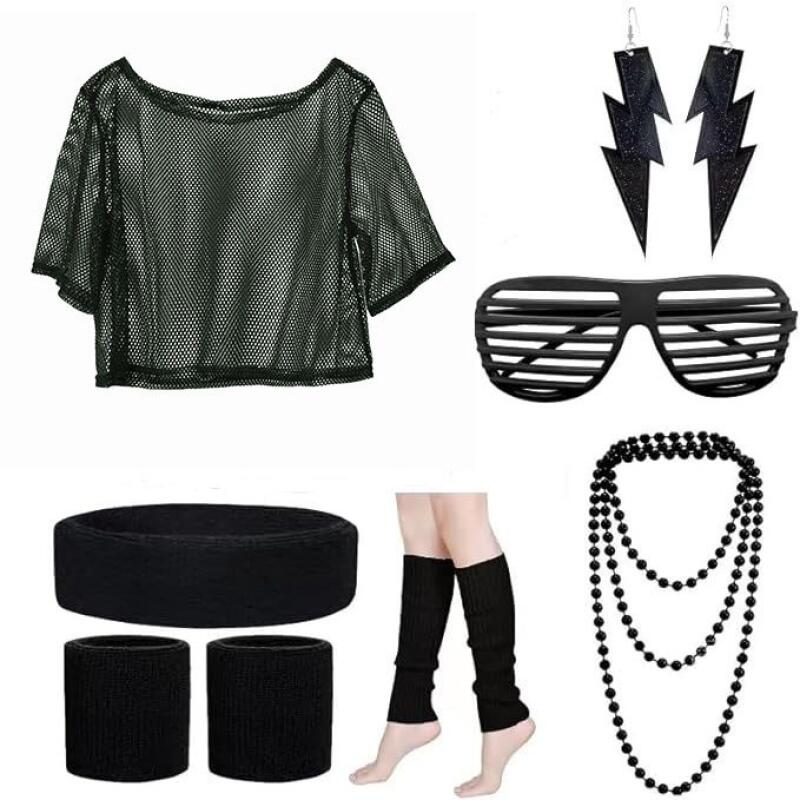 80s Hippie Disco Outfit Set Ne - Women Accessories Kit 评论和价格